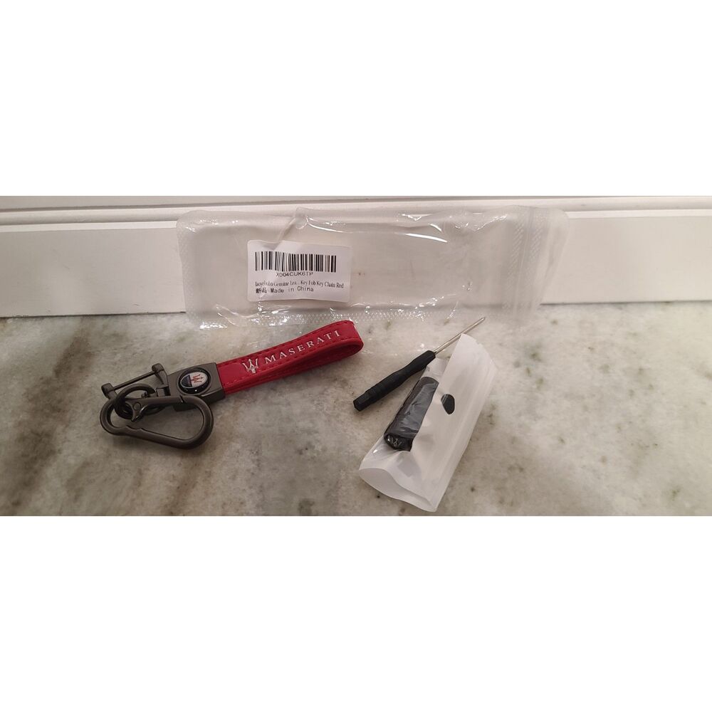 Maserati Genuine Leather Red Chrome Keychain & Tire Valve Stem Caps
